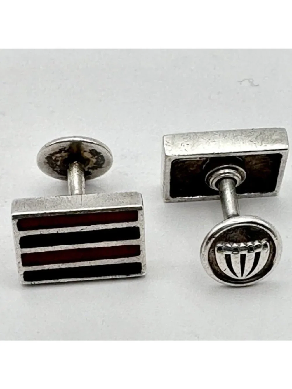Blue Red Enamel Stripe Cufflinks Designed Signed Sterling Silver Unique Fix Back